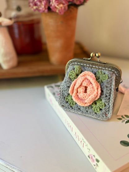 Vintage Floral Crochet Coin Purse with Pink Rose, Metal Frame & Floral Lining
