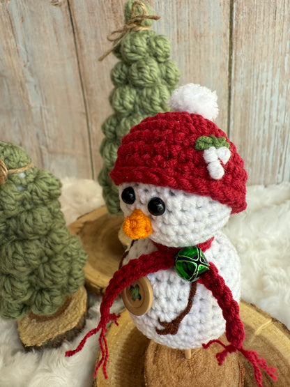 Crochet Snowman on Wood Stand Handmade Winter Decor, Handmade Crochet Snowman with Hat & Scarf Christmas Table Decoration, Amigurumi Snowman Ornament Cozy Winter Home Accent, Crochet Snowman Figurine Rustic Holiday Decor on Wooden Base