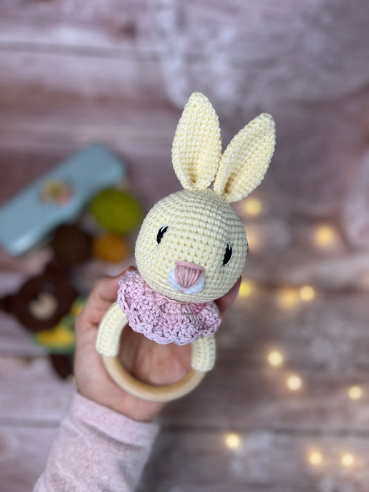 Bunny Rattle, Handmade Bunny Rattle, Readymade, Handcrafted, Handmade Toys, Custom Baby Gifts, Artisan Crochet Toys, Artisanal Baby Shower Presents