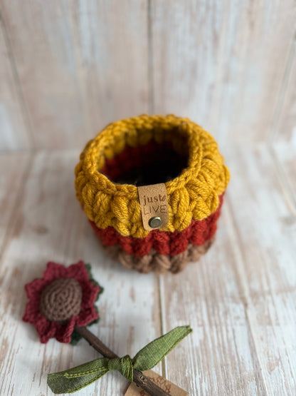 Handmade Autumn Crochet Basket – Cozy Fall Decor in Mustard, Rust & Brown, Chunky Crochet Basket – Fall Harvest Colors, Cozy Fall Storage Basket – Rustic Crochet Decor, Handcrafted Crochet Basket – Warm Autumn Tones