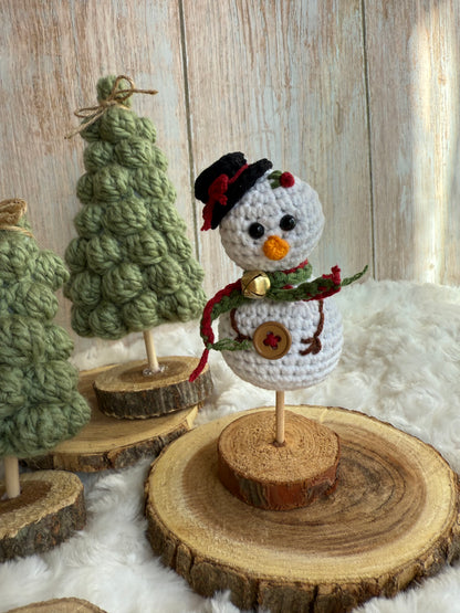 Crochet Snowman on Wood Stand Handmade Winter Decor, Handmade Crochet Snowman with Hat & Scarf Christmas Table Decoration, Amigurumi Snowman Ornament Cozy Winter Home Accent, Crochet Snowman Figurine Rustic Holiday Decor on Wooden Base