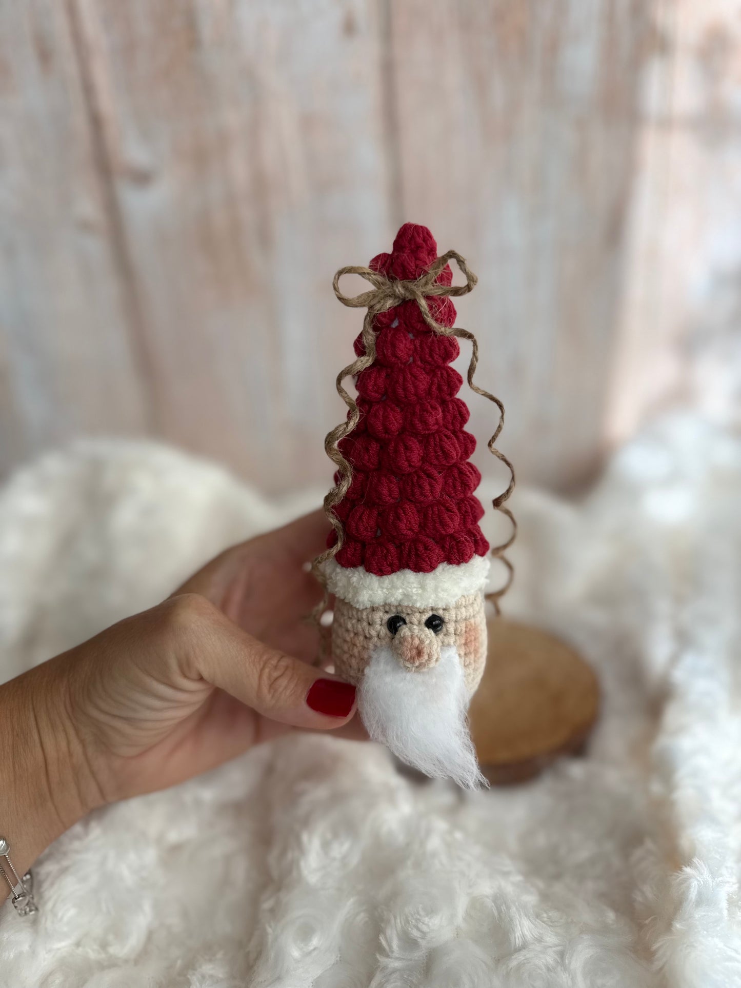 Crocheted Santa Gnome Ornament, Rustic Christmas Santa Decoration, Handmade Santa Gnome with Wooden Base, Crochet Santa Claus – Farmhouse Holiday Decor, Nordic Style Santa Gnome