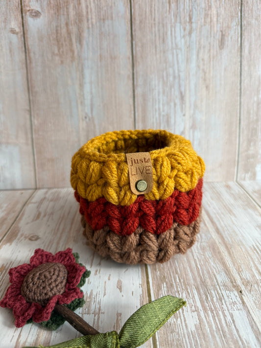 Handmade Autumn Crochet Basket – Cozy Fall Decor in Mustard, Rust & Brown, Chunky Crochet Basket – Fall Harvest Colors, Cozy Fall Storage Basket – Rustic Crochet Decor, Handcrafted Crochet Basket – Warm Autumn Tones