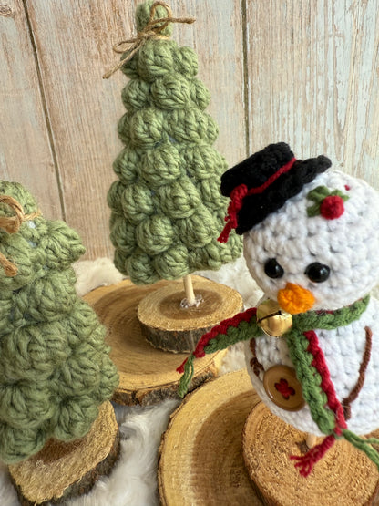 Crochet Snowman on Wood Stand Handmade Winter Decor, Handmade Crochet Snowman with Hat & Scarf Christmas Table Decoration, Amigurumi Snowman Ornament Cozy Winter Home Accent, Crochet Snowman Figurine Rustic Holiday Decor on Wooden Base