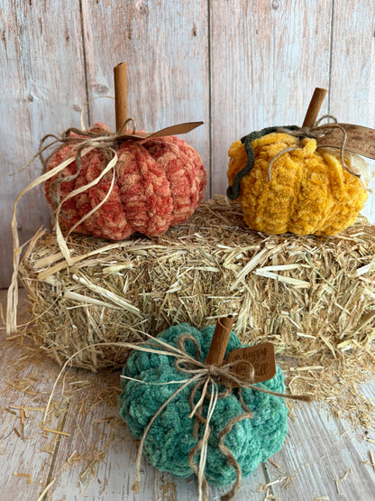Handmade Fluffy Yarn Pumpkins with Cinnamon Stick Stems, Mustard, Orange & Teal, Cozy Fall Crochet Pumpkins, Handmade in Warm Seasonal Colors, Harvest Collection Crochet Pumpkins, Mustard, Teal & Orange