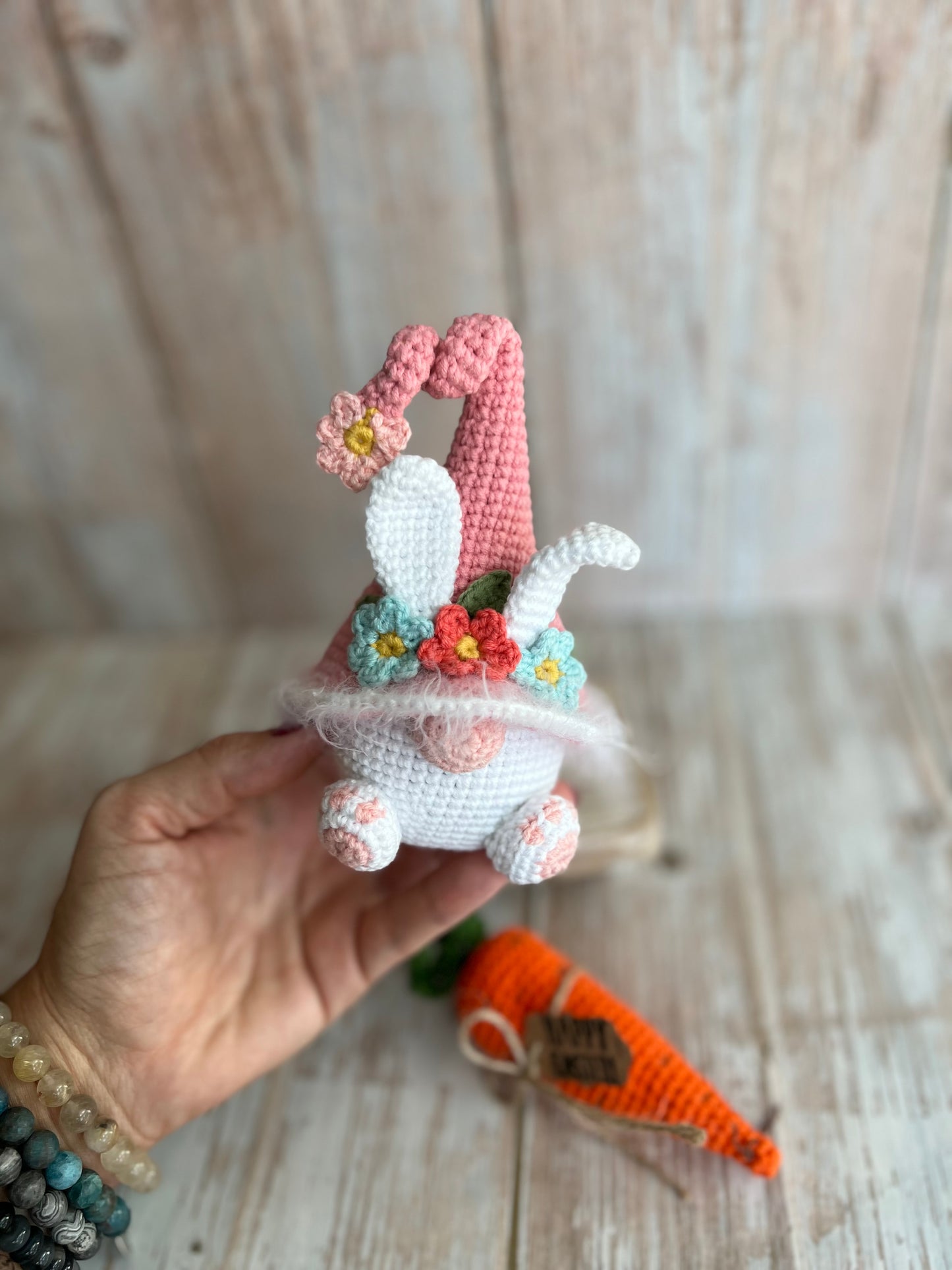 Handmade Easter Bunny Gnome, Crochet Spring Decoration with Floral Hat