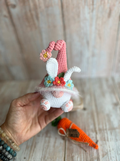 Handmade Easter Bunny Gnome, Crochet Spring Decoration with Floral Hat