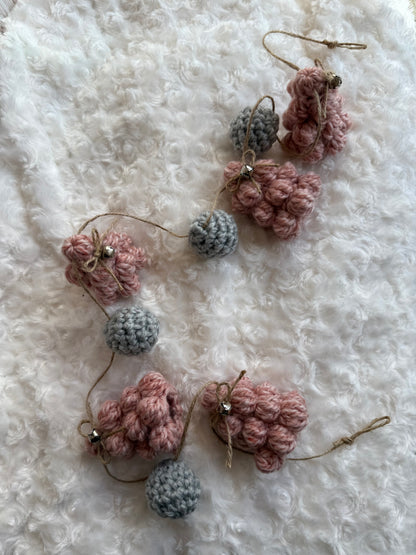 Blush & Gray Crochet Christmas Tree Garland, Handmade Chunky Tree Garland with Jingle Bells, Rustic Pink Crochet Tree Garland Cozy Holiday Decor, Crochet Tree and Pom Garland Blush & Gray Winter Charm, Rustic Farmhouse Garland Pink Trees with Bells