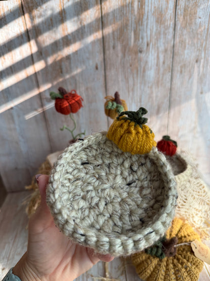 Crochet Pumpkin Patch Coasters, Handmade Fall Coasters, Rustic Pumpkin Design, Autumn Harvest Crochet Coasters, Pumpkins, Pumpkin Trio Crochet Coasters, Farmhouse Fall Decor