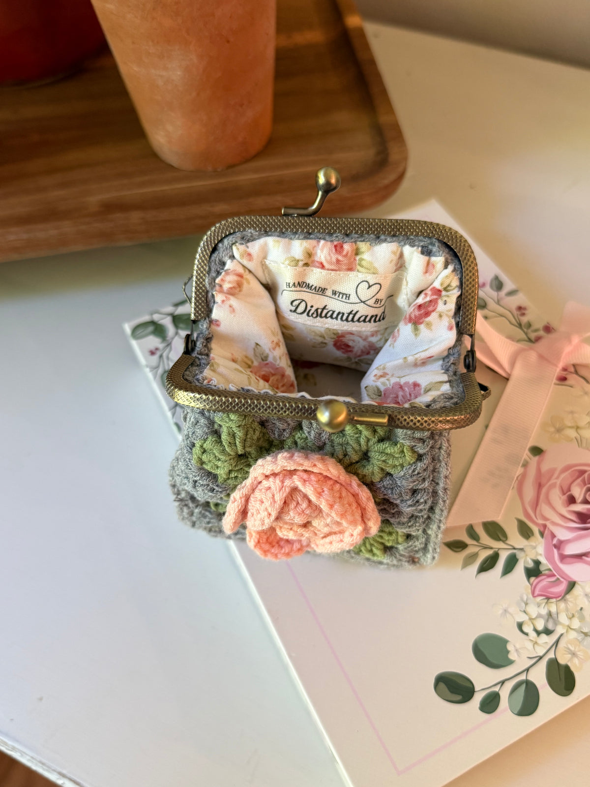 Vintage Floral Crochet Coin Purse with Pink Rose, Metal Frame & Floral Lining