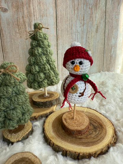 Crochet Snowman on Wood Stand Handmade Winter Decor, Handmade Crochet Snowman with Hat & Scarf Christmas Table Decoration, Amigurumi Snowman Ornament Cozy Winter Home Accent, Crochet Snowman Figurine Rustic Holiday Decor on Wooden Base