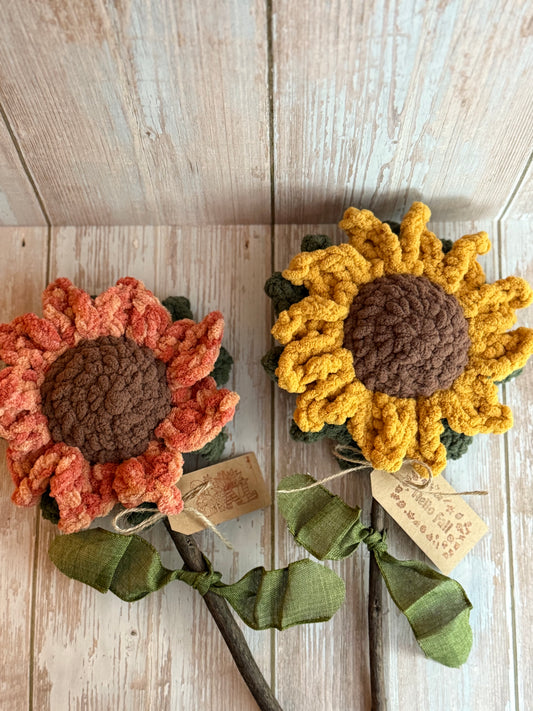 Large Fluffy Autumn Sunflowers with Real Twig Stems & Tiny Fall Tags – Mustard & Orange, Large Crochet Sunflowers in Autumn Colors with Stems & Mini Fall Tags, Crochet Sunflowers Real Twig Stem Details, Handmade Crochet Sunflower, Rustic Crochet Sunflower