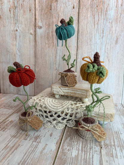 Crochet Pumpkin Plant in Pot, Fall Home Decor, Autumn Decoration, Mini Pumpkin Plant Crochet Decoration, Rustic Crochet Pumpkin in Pot, Handmade Fall Pumpkin Pot Accent, Crochet Pumpkin Farmhouse Style