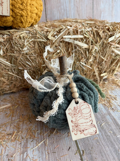 Rustic Crochet Pumpkins, Handmade Fall Decoration, Harvest Collection Crochet Pumpkin, Handmade Fluffy Yarn Pumpkins with Rustic Wooden Stems, Mustard, Beige & Teal