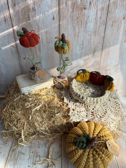 Crochet Pumpkin Patch Coasters, Handmade Fall Coasters, Rustic Pumpkin Design, Autumn Harvest Crochet Coasters, Pumpkins, Pumpkin Trio Crochet Coasters, Farmhouse Fall Decor