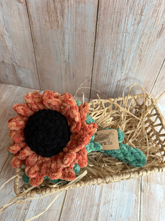 Large Crochet Sunflowers in Autumn Colors with Stems & Mini Fall Tags, Cozy Fluffy Yarn Sunflowers, Mustard, Orange, and Mixed Fall Shades, Handmade Decor, Autumn Harvest Sunflowers, Fluffy Yarn, Fluffy Autumn Sunflowers with Stems & Tiny Fall Tags