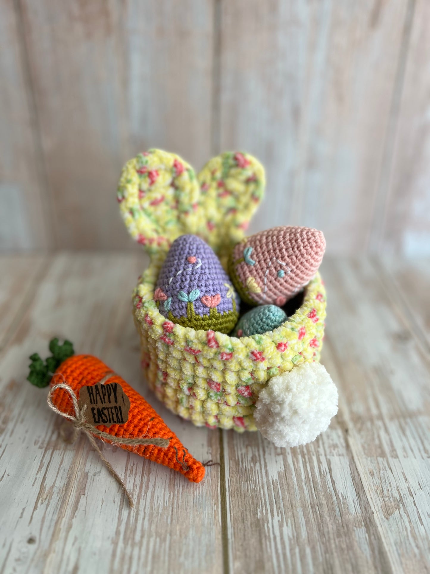 Handmade Plush Bunny Basket – Soft Easter Decoration with Pom-Pom Tail