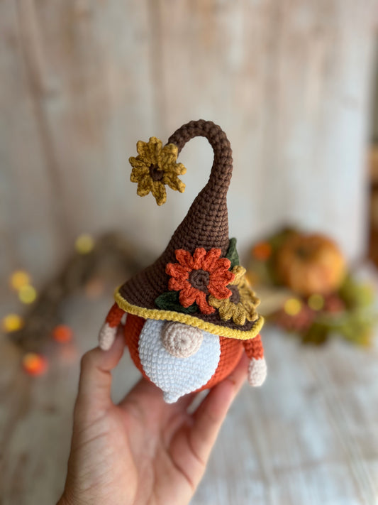 Handcrafted Nutmeg Fall Gnome, Handmade Fall Gnome with Flower Hat, Autumn Harvest Gnome, Readymade Fall Decor, Unique Fall Gnome