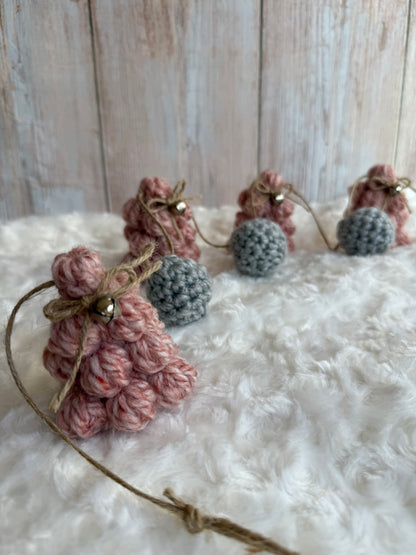 Blush & Gray Crochet Christmas Tree Garland, Handmade Chunky Tree Garland with Jingle Bells, Rustic Pink Crochet Tree Garland Cozy Holiday Decor, Crochet Tree and Pom Garland Blush & Gray Winter Charm, Rustic Farmhouse Garland Pink Trees with Bells