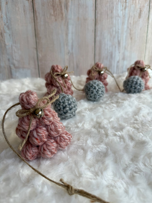 Blush & Gray Crochet Christmas Tree Garland, Handmade Chunky Tree Garland with Jingle Bells, Rustic Pink Crochet Tree Garland Cozy Holiday Decor, Crochet Tree and Pom Garland Blush & Gray Winter Charm, Rustic Farmhouse Garland Pink Trees with Bells