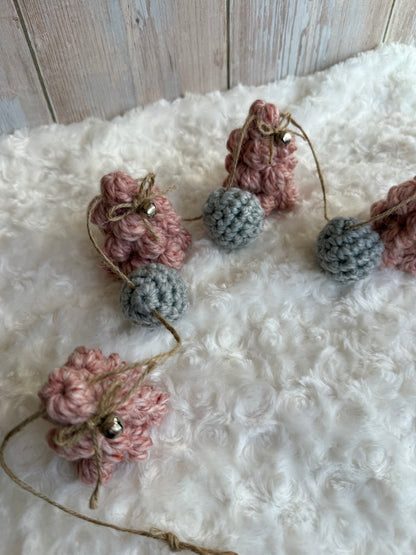 Blush & Gray Crochet Christmas Tree Garland, Handmade Chunky Tree Garland with Jingle Bells, Rustic Pink Crochet Tree Garland Cozy Holiday Decor, Crochet Tree and Pom Garland Blush & Gray Winter Charm, Rustic Farmhouse Garland Pink Trees with Bells