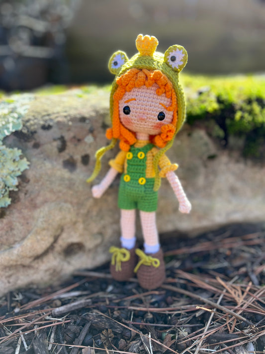 Tiny Girl With A Frog Hat Amigurumi Crochet Doll, Handmade Knitted, Ready Made,  Kids Gifts, Artisan Doll, Collectible Handmade Plushies, Unique Nursery Decor