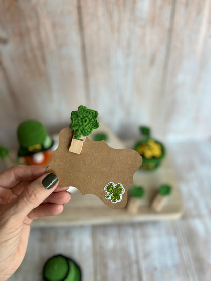 Crochet Shamrock Peg Clip with Gift Tag, Readymade, St. Patrick’s Day Gift Idea, Unique, Handmade