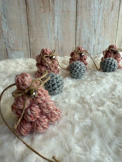 Blush & Gray Crochet Christmas Tree Garland, Handmade Chunky Tree Garland with Jingle Bells, Rustic Pink Crochet Tree Garland Cozy Holiday Decor, Crochet Tree and Pom Garland Blush & Gray Winter Charm, Rustic Farmhouse Garland Pink Trees with Bells
