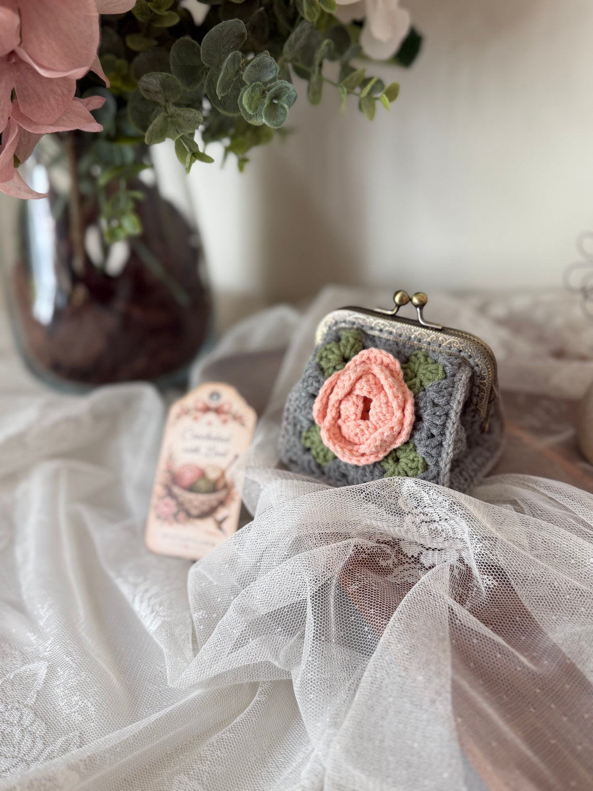 Vintage Floral Crochet Coin Purse with Pink Rose, Metal Frame & Floral Lining