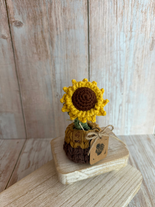 Handmade Crochet Sunflower in Rustic Crocheted Pot, Mini Crochet Sunflower Decor Boho Farmhouse Style, Rustic Crochet Sunflower in Brown & Yellow Crocheted Pot, Artisan Crochet Sunflower in Cottage Style Pot