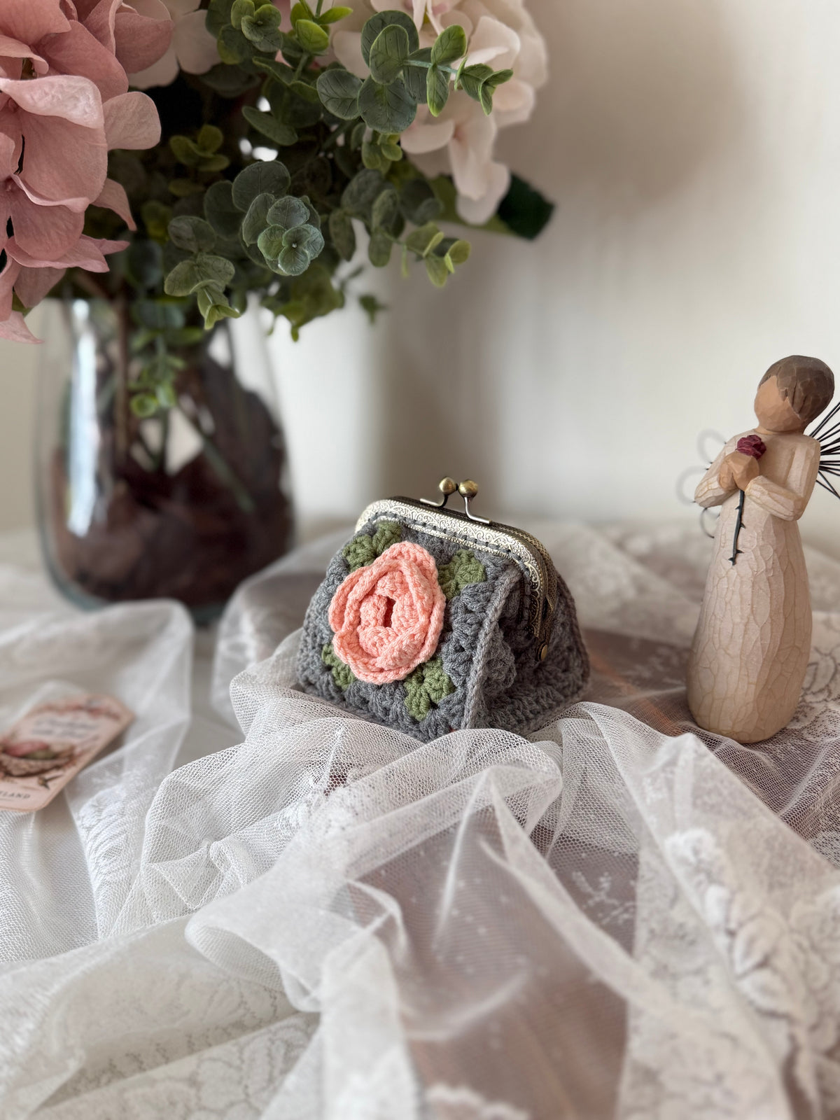 Vintage Floral Crochet Coin Purse with Pink Rose, Metal Frame & Floral Lining