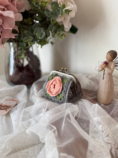 Vintage Floral Crochet Coin Purse with Pink Rose, Metal Frame & Floral Lining