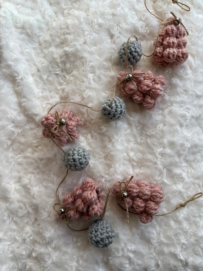 Blush & Gray Crochet Christmas Tree Garland, Handmade Chunky Tree Garland with Jingle Bells, Rustic Pink Crochet Tree Garland Cozy Holiday Decor, Crochet Tree and Pom Garland Blush & Gray Winter Charm, Rustic Farmhouse Garland Pink Trees with Bells