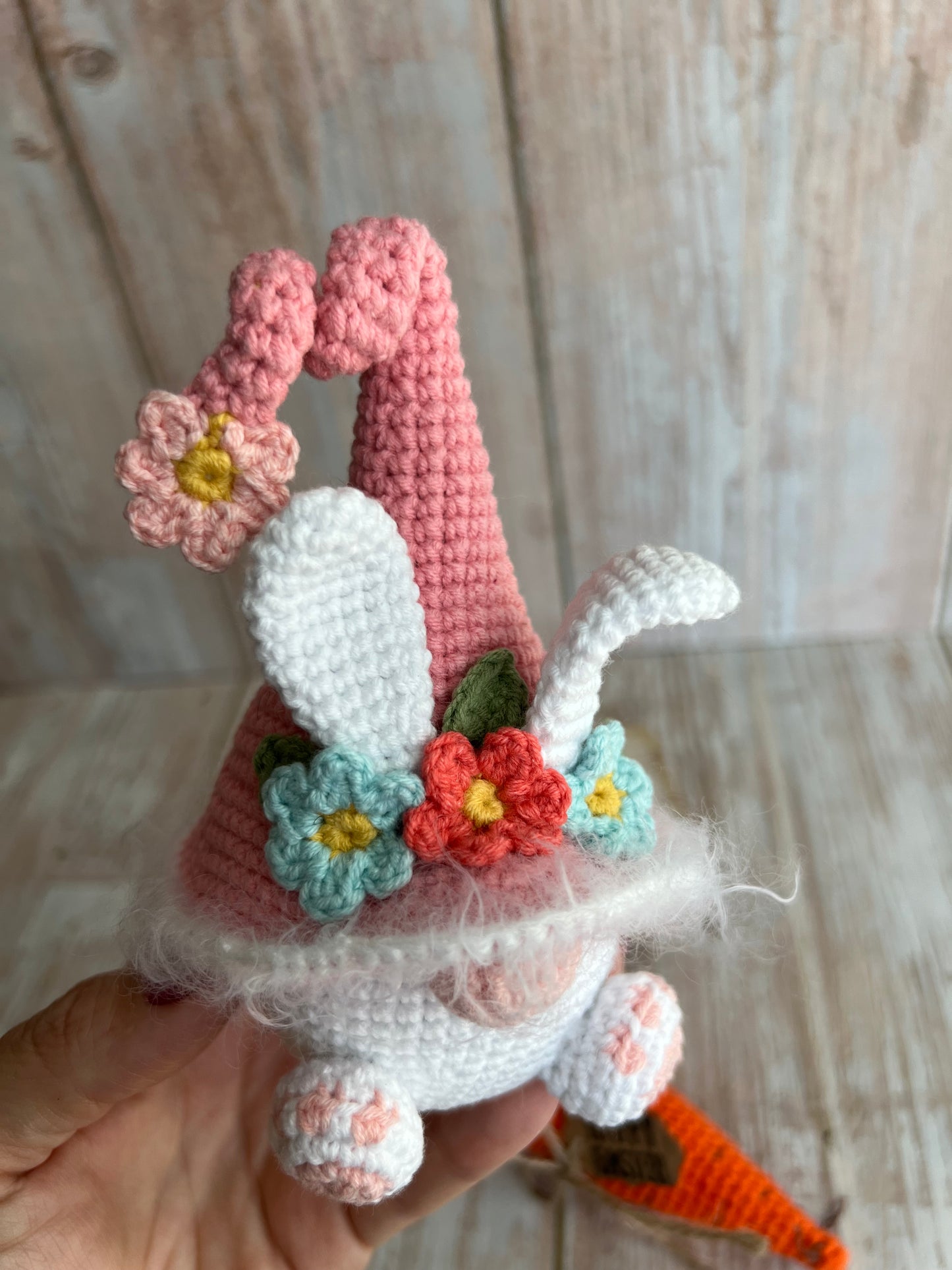 Handmade Easter Bunny Gnome, Crochet Spring Decoration with Floral Hat