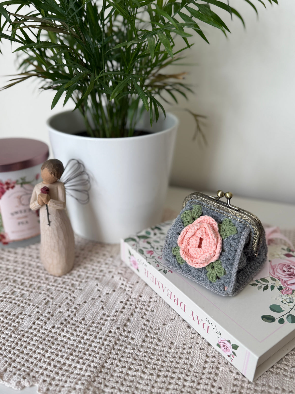 Vintage Floral Crochet Coin Purse with Pink Rose, Metal Frame & Floral Lining