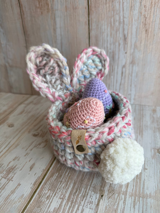Handmade Bunny Ear Crochet Basket, Easter Bunny Storage Basket, Whimsical Bunny Tail Basket, Pastel Bunny Basket – Cute & Cozy, Chunky Crochet Bunny Basket