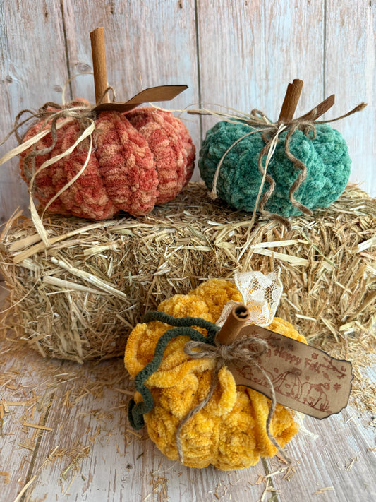 Handmade Fluffy Yarn Pumpkins with Cinnamon Stick Stems, Mustard, Orange & Teal, Cozy Fall Crochet Pumpkins, Handmade in Warm Seasonal Colors, Harvest Collection Crochet Pumpkins, Mustard, Teal & Orange