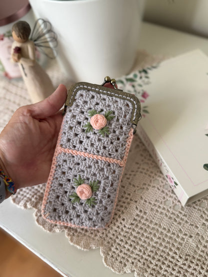 Handmade Crochet Floral Granny Square Glasses Case – Vintage Rose Design