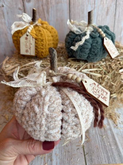 Rustic Crochet Pumpkins, Handmade Fall Decoration, Harvest Collection Crochet Pumpkin, Handmade Fluffy Yarn Pumpkins with Rustic Wooden Stems, Mustard, Beige & Teal