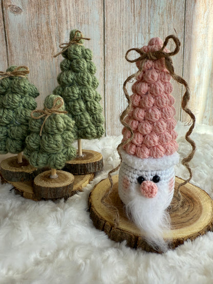 Crocheted Santa Gnome Ornament, Rustic Christmas Santa Decoration, Handmade Santa Gnome with Wooden Base, Crochet Santa Claus – Farmhouse Holiday Decor, Nordic Style Santa Gnome
