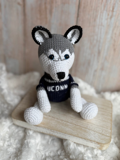 Handmade Amigurumi UConn Husky Mascot Plush, Crochet UConn Husky Mascot – Handmade Amigurumi, Custom Crochet Husky Mascot Doll (UConn Inspired), Amigurumi Husky Plush in UConn Colors – Handmade