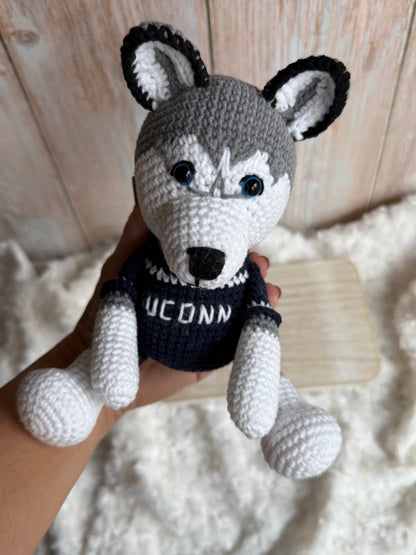Handmade Amigurumi UConn Husky Mascot Plush, Crochet UConn Husky Mascot – Handmade Amigurumi, Custom Crochet Husky Mascot Doll (UConn Inspired), Amigurumi Husky Plush in UConn Colors – Handmade
